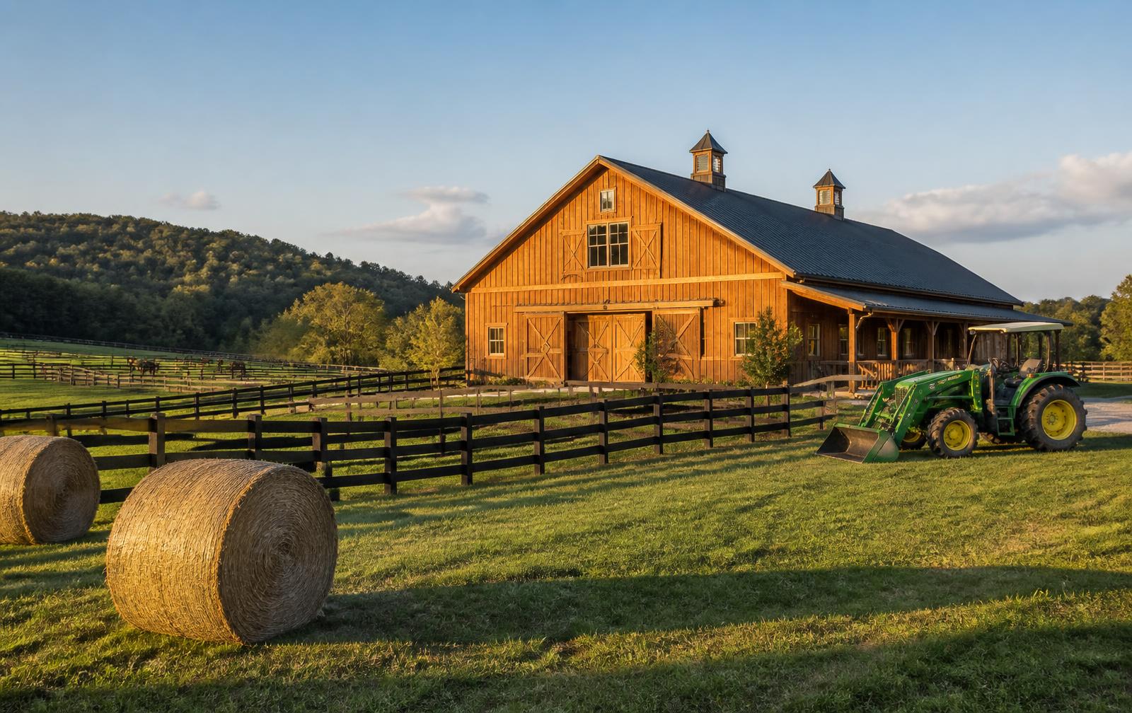Timber barn, fenced paddocks and hay bales on the farm at sunset